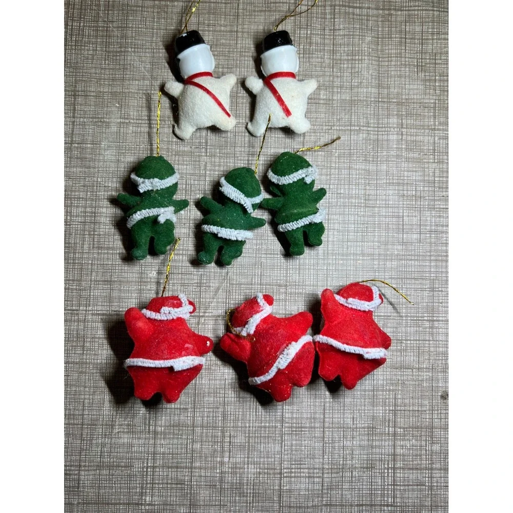 Vintage Flocked Christmas Ornaments Set of 8 Santa Elf Snowman Retro Mid Century